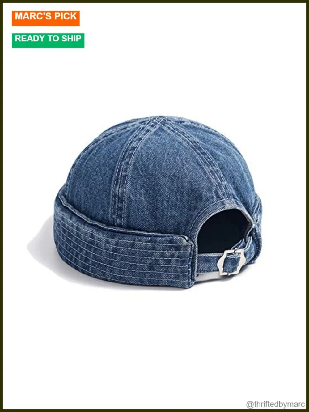 Denim Docker Beanie Skull Cap Rolled Cuff Harbour Hat Adjustable Metal Buckle